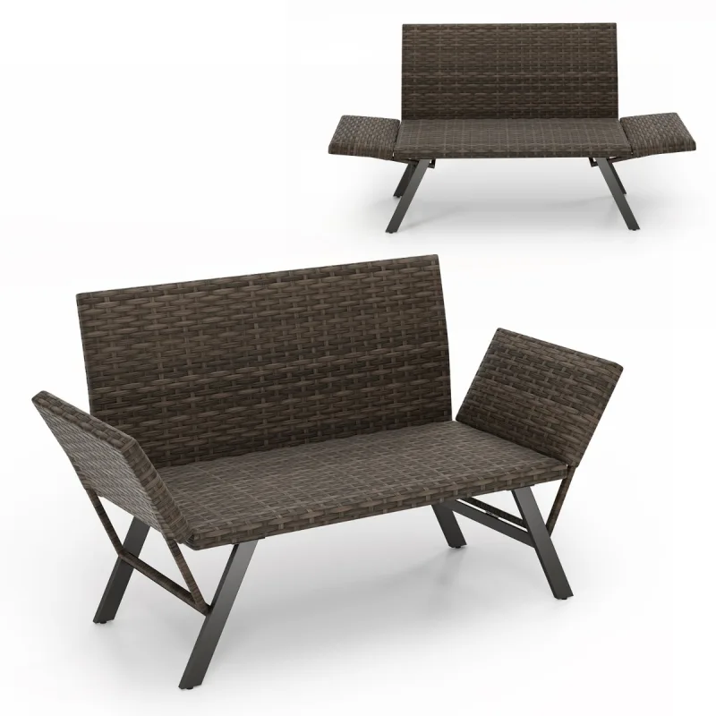 Costway Banco de Ratán de 2 Plazas Acolchado de Secado Rápido con Reposabrazos Ajustables Resiste a Rayos UV Marco Metálico Carga 300 kg Gris Mixto