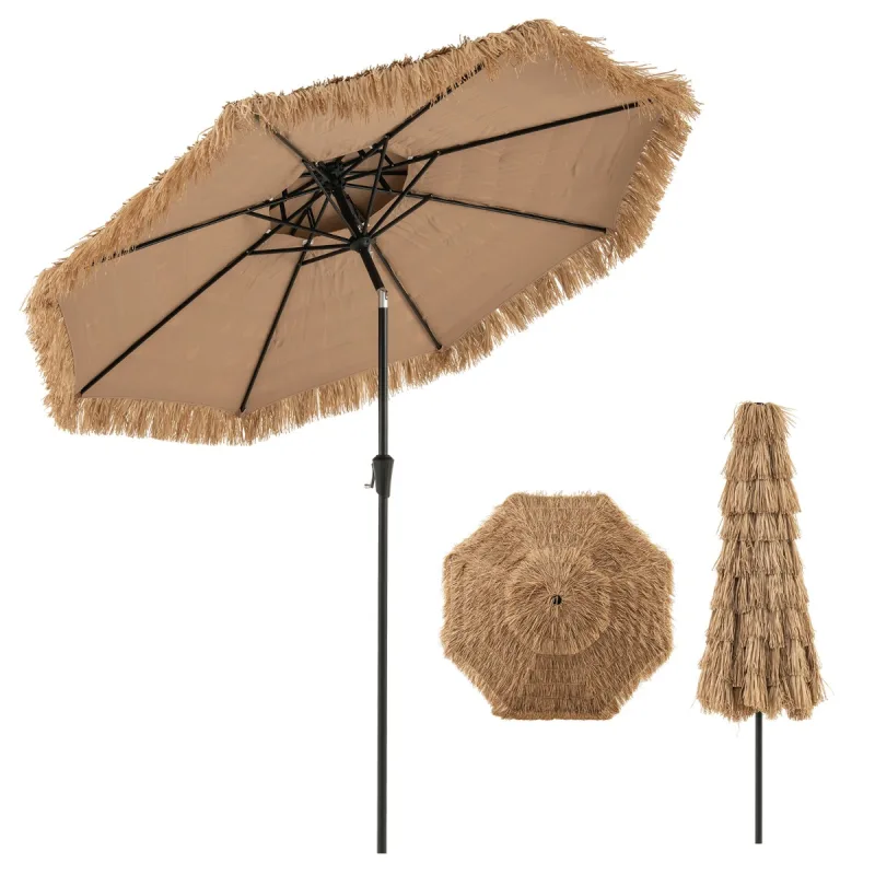 Costway Sombrilla 247 cm de Estilo Hawaiano con 8 Varillas Tela Resistente al Sol y Paja Artificial PE Inclinación de 35° Parasol para Playa Patio