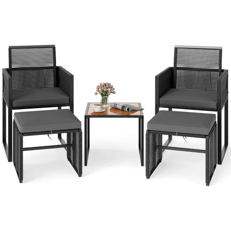 Costway Juego de Muebles de Patio de Ratán PE de 5 Piezas con Otomanas Cojines y Mesa de Café de Madera Acacia Juego de Conversación Exterior Gris