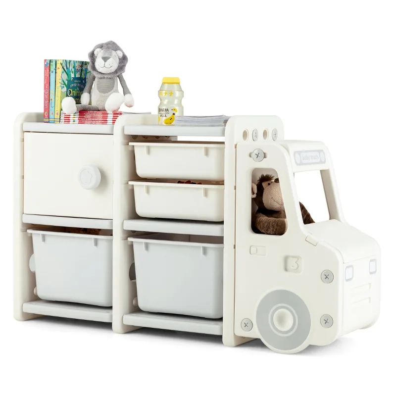 Costway Organizador de Juguetes para Niños Estantería Infantil Forma de Camión con 2 Contenedores 2 Cajones Armario 110 x 32 x 66 cm Beige