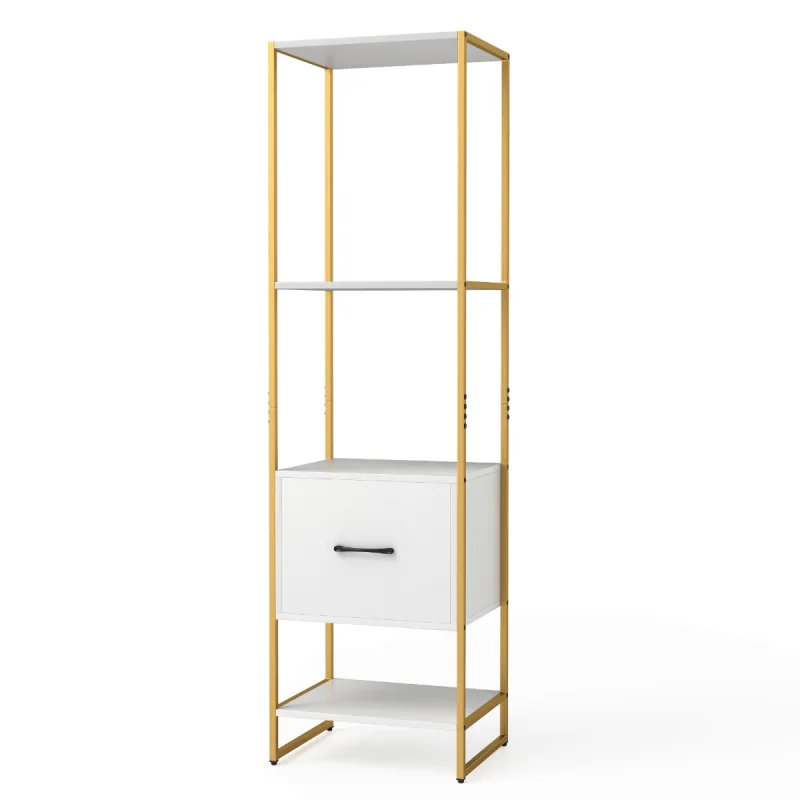 Costway Estantería de 5 Niveles con Cajón Librería Alto y Estrecho con Estantes Marco de Metal Estante Independiente para Dormitorio Salón