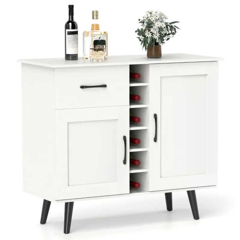 Costway Aparador Moderno Gabinete de Bar con Botellero para 6 Botellas 1 Cajón 2 Puertas y 2 Estantes Ajustables para Cocina Comedor Blanco