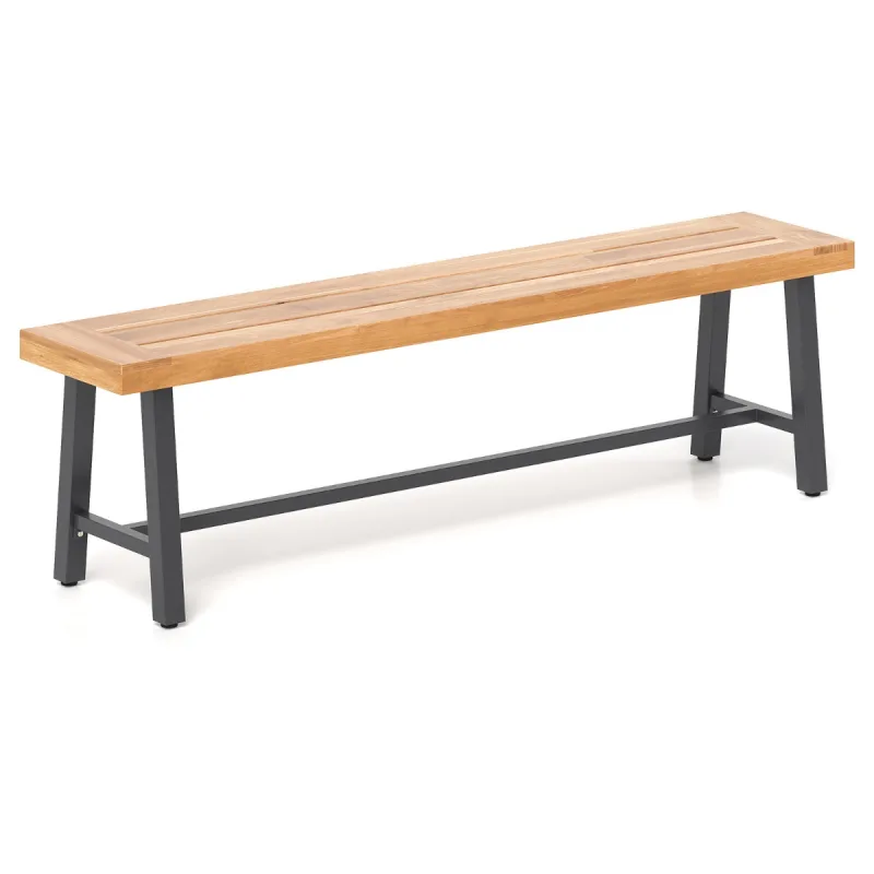 Costway Banco de Jardín de Madera de Acacia Sin Respaldo con Estructura de Metal Resistente 160 x 32 x 45 cm Natural y Negro
