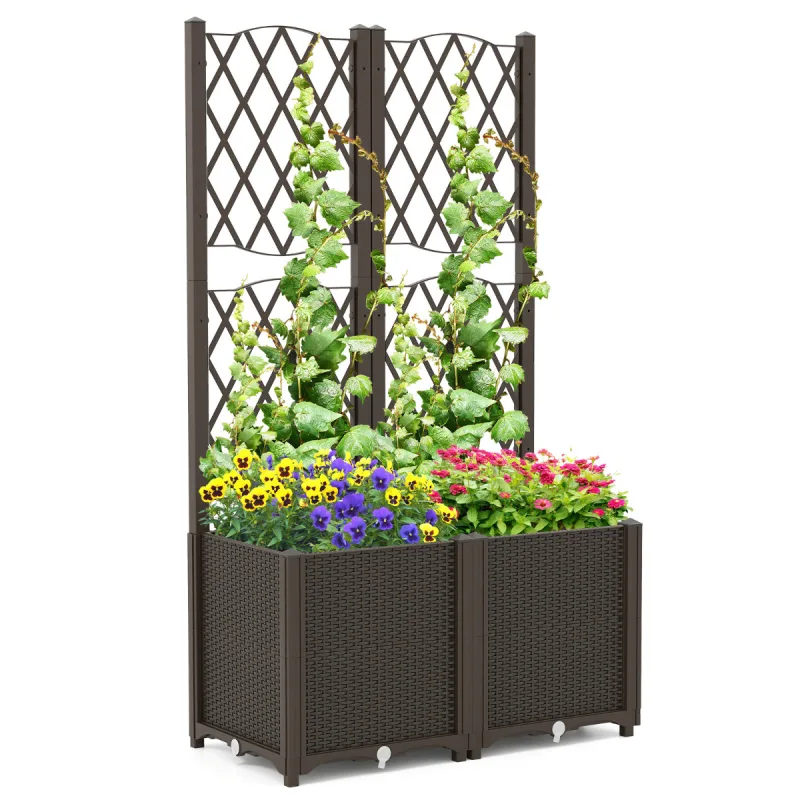 Costway Jardinera Elevada Una/Doble con Enrejado Macetero Elevado con Autorriego para Plantas Trepadoras Flores y Verduras de Raíces Profundas