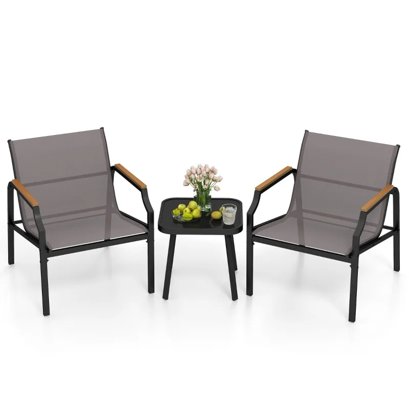 Costway Conjunto de Sillas de Exterior de 3 Piezas Sillas con Estructura de Metal y Mesa con Asiento de Tela y Reposabrazos de Madera-Plástico Gris