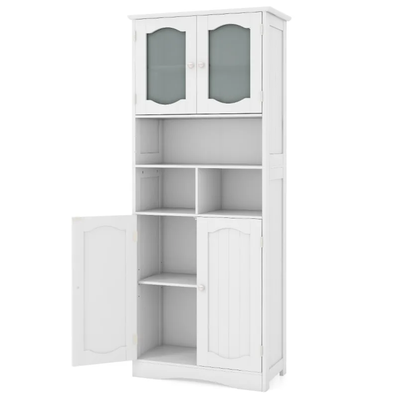 Costway Armario Alto 148,5 cm de Almacenamiento para Baño Armario Despensa Independiente con Puertas de Vidrio Esmerilado para Cocina Salón Blanco