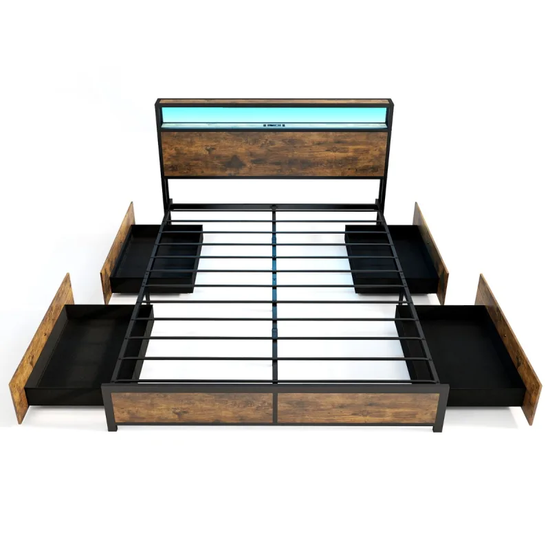 Costway Estructura de Cama Doble/King de Metal Cabecero de Luz LED RGB 4 Cajones de Almacenamiento Conexión USB Plataforma de Cama