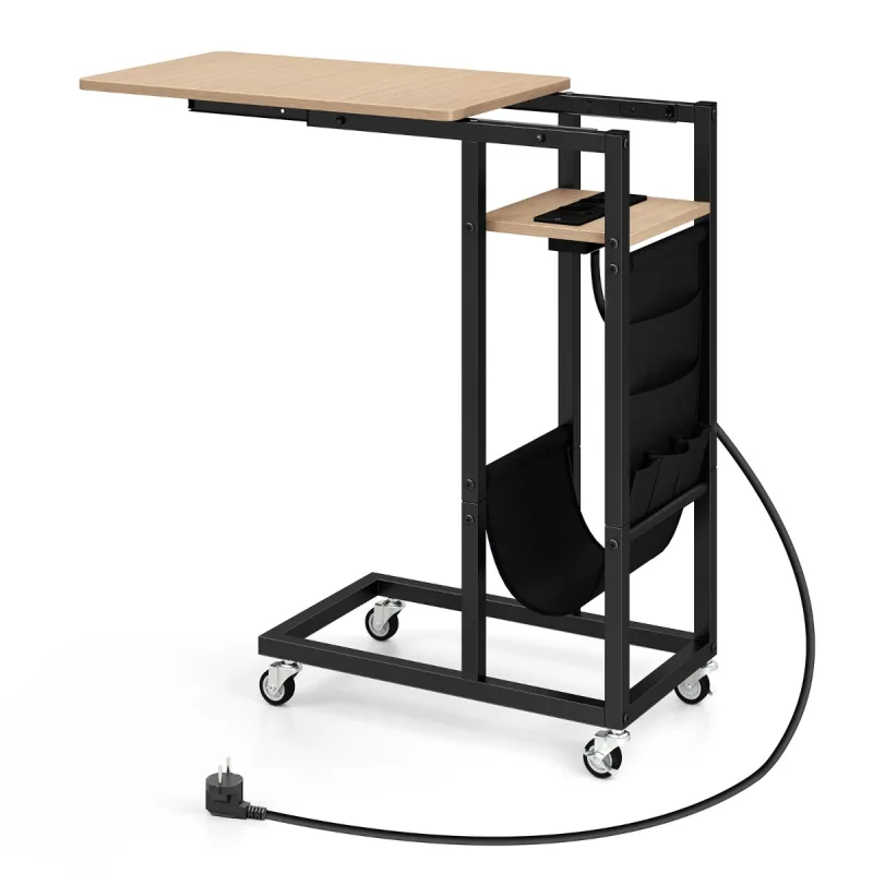 Costway Mesa Lateral en Forma de C con Superficie Retráctil y Estación de Carga Mesa de Noche Rodante Mesa para Sofá Salón Dormitorio