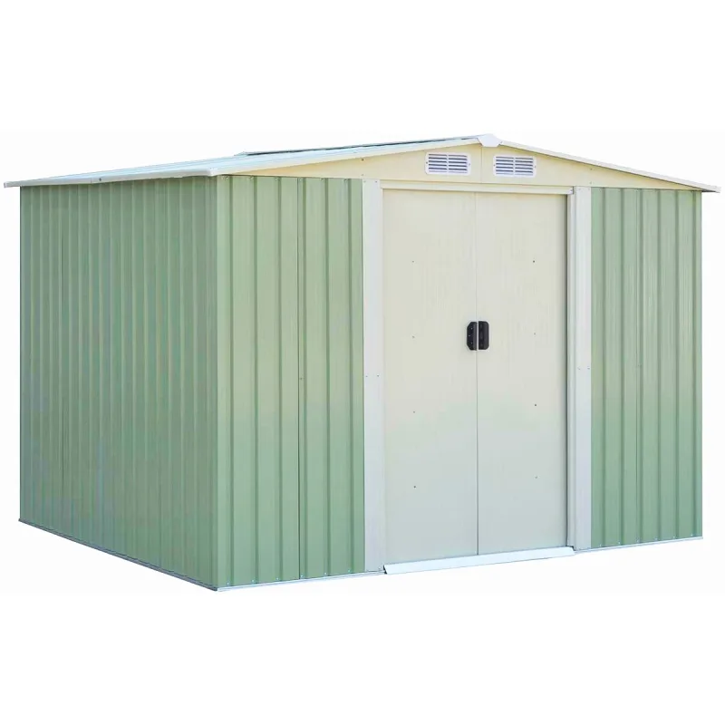 Costway Cobertizo con Puerta Corredera y Techo a Dos Aguas Galvanizado con Ventilación Caseta de Exterior 205 x 257 x 175,5 cm Verde Claro