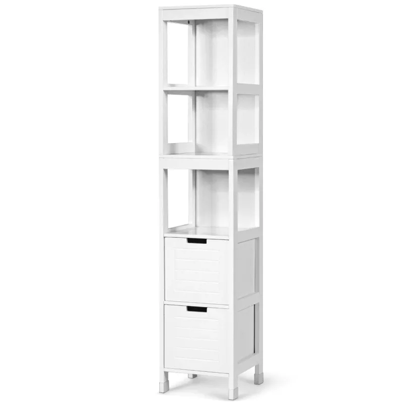 Costway Armario Alto de Suelo para Baño con 2 Cajones y 3 Estantes Mueble Columna de Madera para Baño 30,5 x 30,5 x 144 cm Blanco