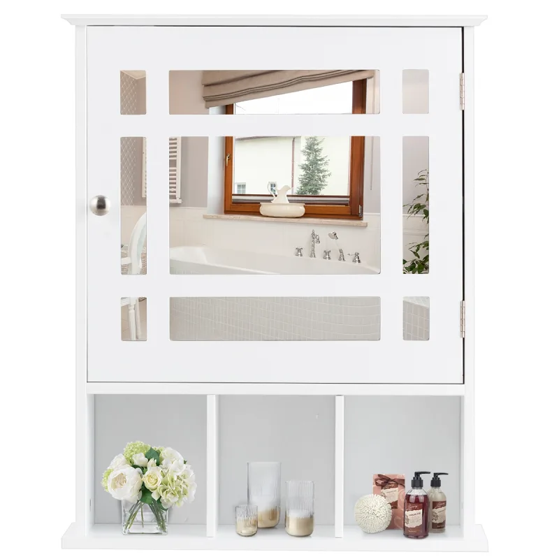 Costway Armario de Baño con Espejo de Pared Mueble de Baño Organizador con Puerta y Estante Gabinete de Almacenamiento Blanco 50 x 16 x 61 cm