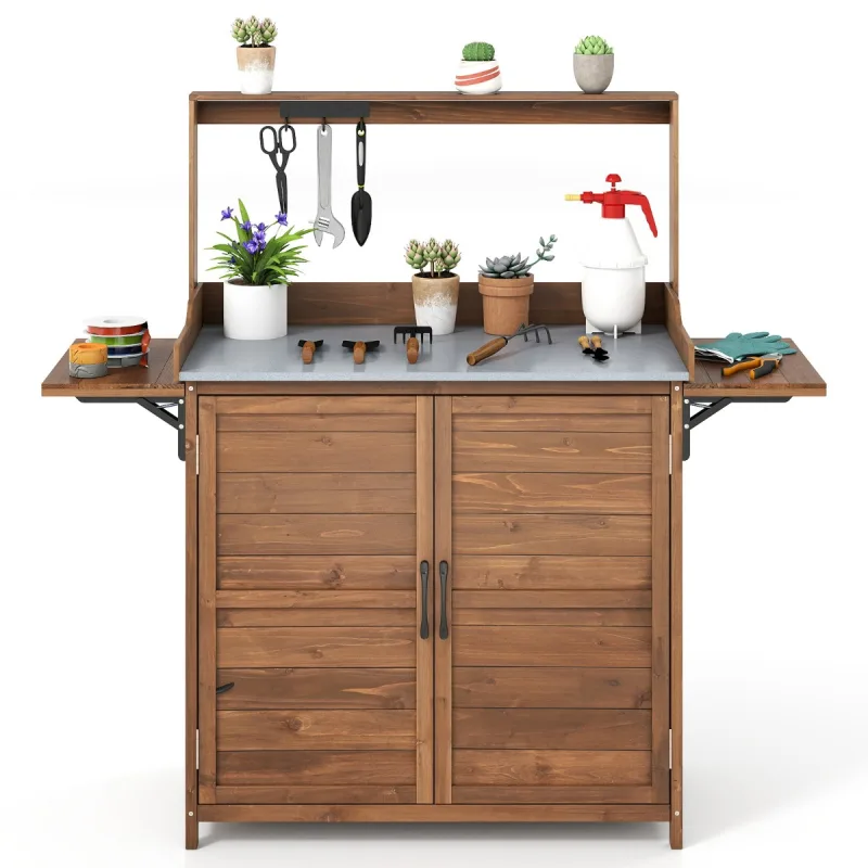 Costway Mesa de Trabajo para Exteriores Estación de Trabajo de Madera con Tablero Metálico Armario Estantes Laterales Plegables Estante Marrón