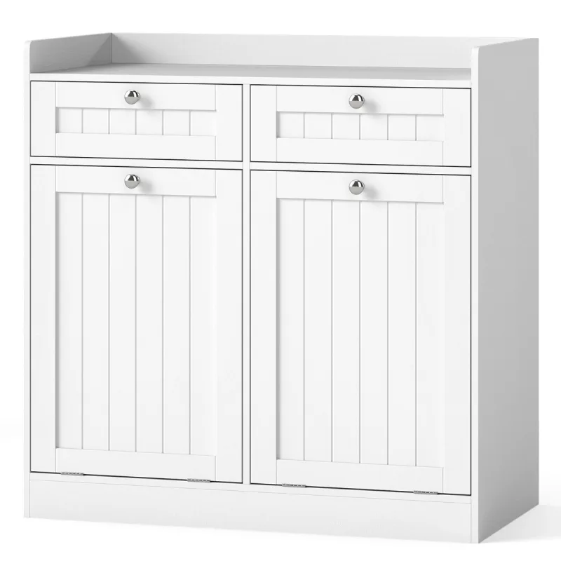 Costway Armario para Ropa Sucia con Doble Inclinación Armario de Baño Independiente con Estante 2 Cajones y 2 Bolsas de Ropa Sucia Extraíbles Blanco