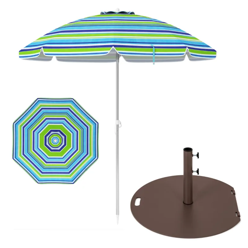 Costway Set Completo de Sombrilla Base Metálica 23kg con Ruedas y Sombrilla Playa Inclinación Ajustable 178 x 206 cm con Bolsa Transporte Azul+Verde