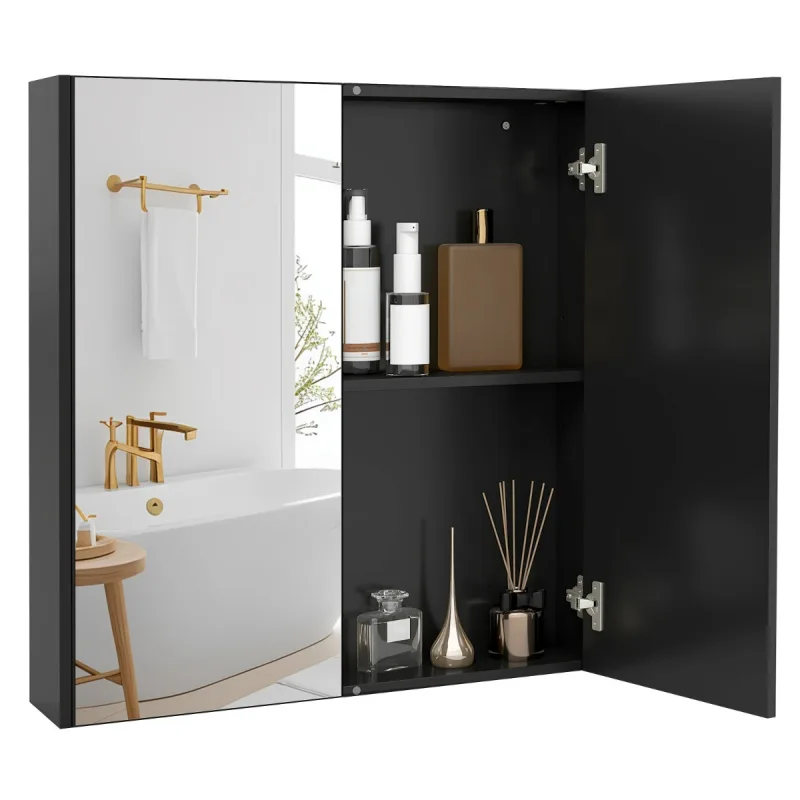 Costway Armario de Pared para Baño 62 x 65 cm con Puertas Espejadas Dobles y Estante Ajustable Negro