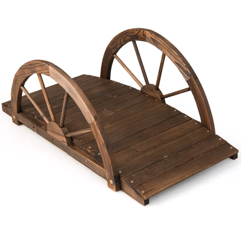 Costway Puente de Jardín de Madera con Doble Barandilla de Media Rueda para Decoración 101,5 x 48,5 x 38 cm