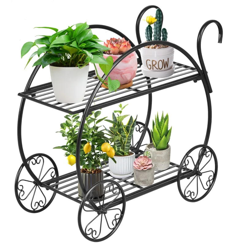 Costway Carro de Jardín 2 Niveles Soporte de Metal para Plantas Estilo Parisino Estante para Macetas de Flores Suculentas 66 x 34 x 62,5 cm Negro
