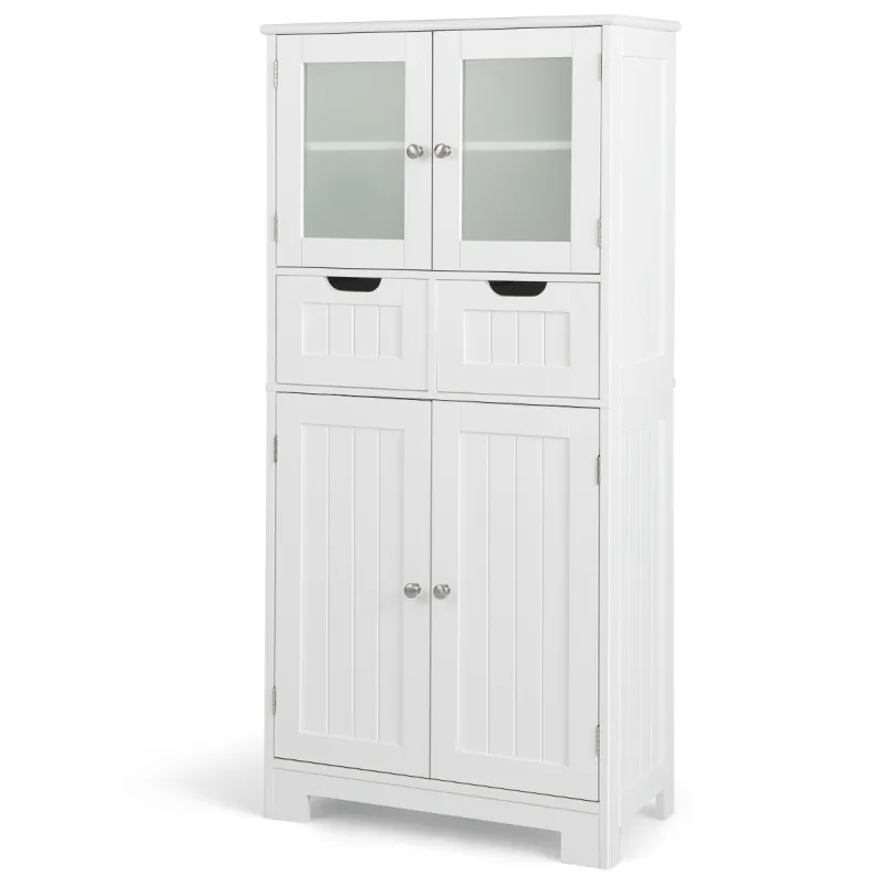 Costway Armario de Almacenamiento de Piso con 4 Puertas Gabinete de Baño Independiente 2 Cajones Estantes para Cocina Sala 60 x 30 x 128 cm Blanco