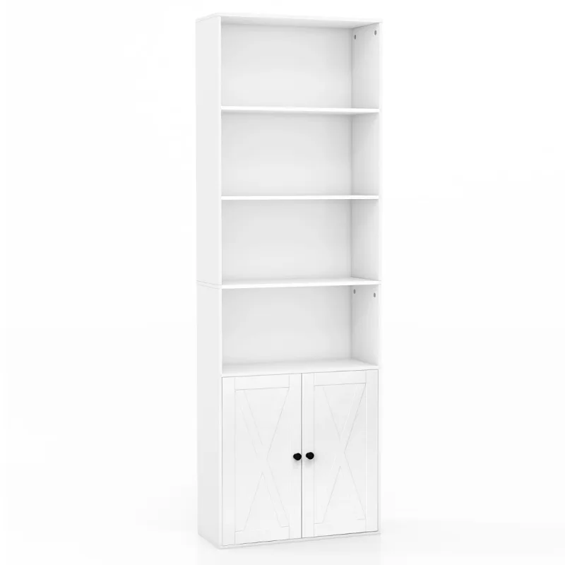 Costway Librería Estantería con 2 Puertas 6 Estantes y Armario Estante Ajustable Librero Independiente para Salón Oficina 60 x 24 x 180 cm Blanco