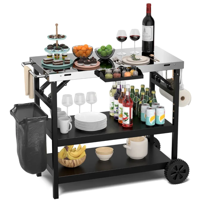 Costway Carrito de Comedor Exterior con Estante Ajustable Soporte para Preparación de Comida 106 x 52 x 84cm Negro y Plata