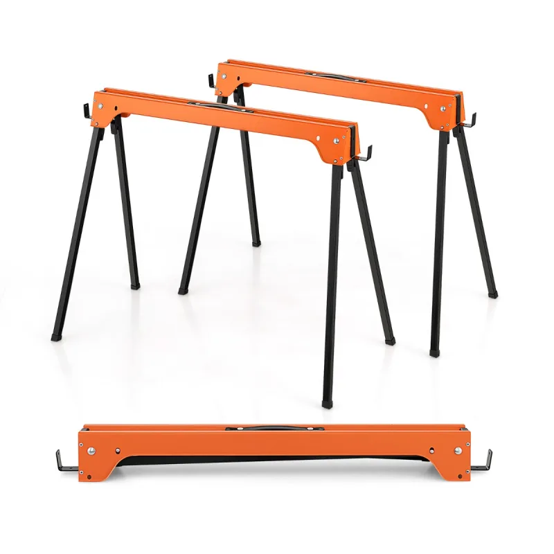 Costway Juego de 2 Caballetes Plegables con Brazos de Soporte Desmontables Carga 600kg Herramientas Eléctricas Compactas 92 x 48 x 74 cm Naranja