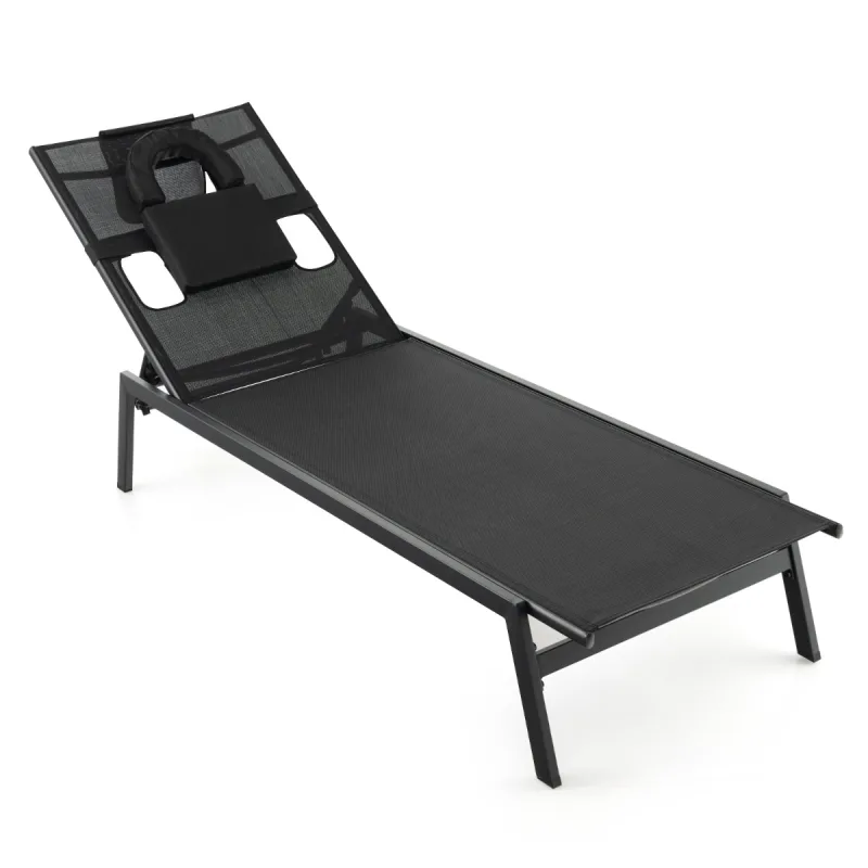 Costway Tumbona Jardín Exterior Respaldo Ajustable de 5 Posiciones con Agujero para Cara y Almohadas para Cabeza para Playa Patio Terraza Negro