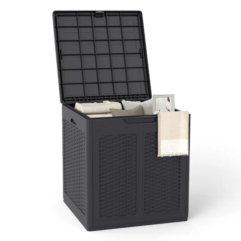 Costway Caja de Almacenamiento Exterior de 145 L Contenedor de PP con Patrones de Ratán y Tapa con Cerradura Contenedor de Plástico Marrón