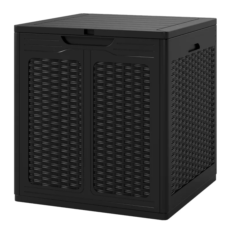 Costway Caja de Almacenamiento Exterior de 145 L Contenedor de PP con Patrones de Ratán y Tapa con Cerradura Contenedor de Plástico Negro