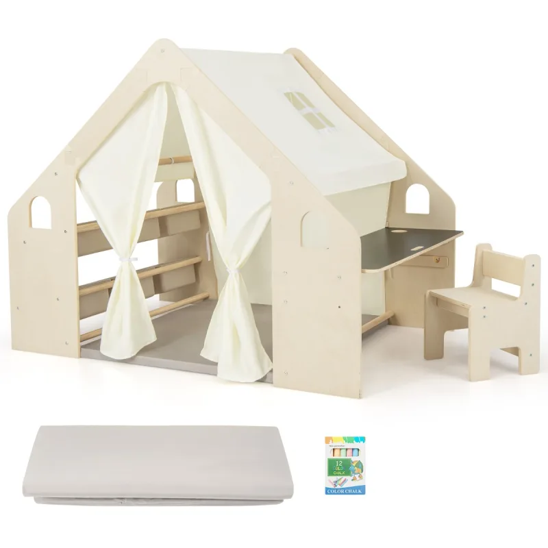 Costway Casa de Juego 6 en 1 Madera con Pizarra Escritorio Silla 6 Canastas Alfombra y Cortinas para Niños 2-6 Años Beige