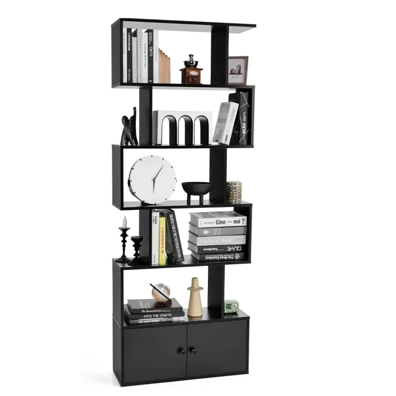 Costway Librería en Forma de S 6 Niveles con Puertas Diseño Moderno y Versátil para Organizar y Decorar Sala Dormitorio u Oficina Negro