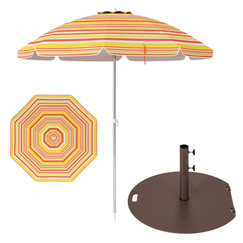 Costway Set Completo de Sombrilla Base Metálica 23kg con Ruedas y Sombrilla Playa Inclinación Ajustable 178 x 206 cm con Bolsa Transporte Amarillo