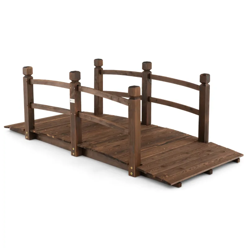 Costway Puente de Jardín Madera 1,7 m Puente de Pie Decorativo Carbonizado con Barandillas de Seguridad Carga 180 kg para Patio Granja Parque