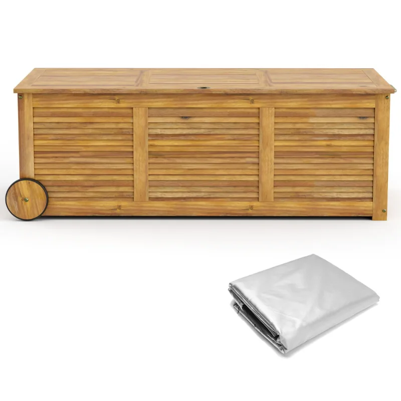 Costway Caja de Almacenamiento de Madera Acacia Capacidad de 182 L con 2 Ruedas Asa Bolsa Interior Resistente al Agua Organizador para Jardín Patio