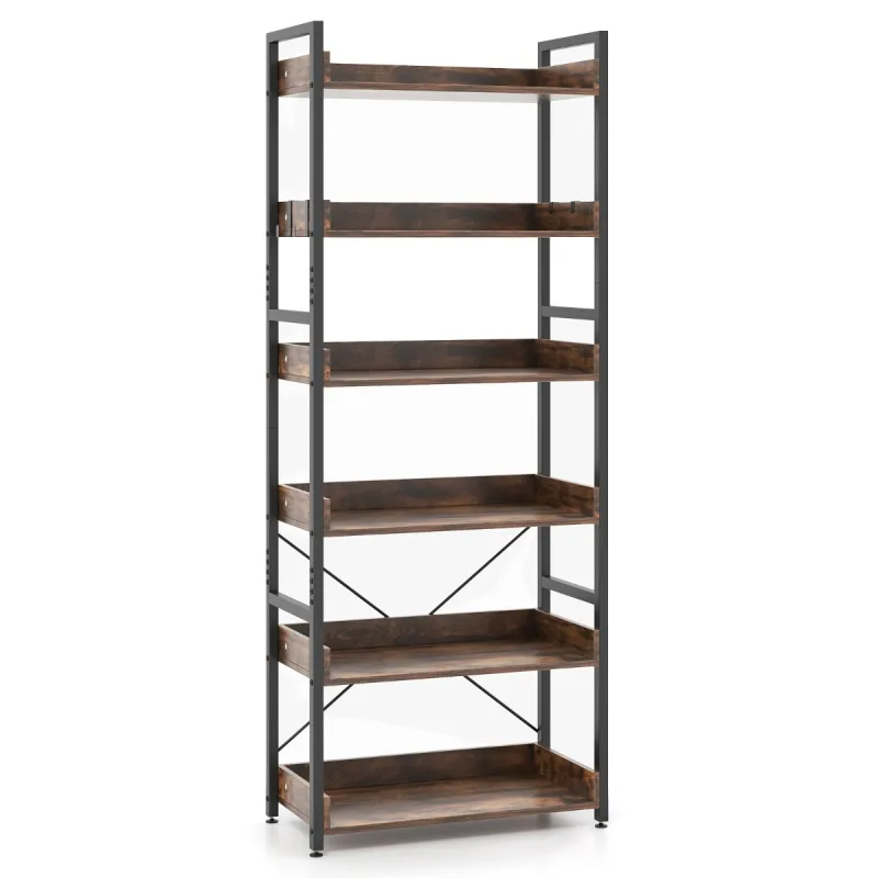 Costway Estantería de 6 Niveles Librería Industrial de Esquina con 6 Estantes 4 Ganchos Marco de Metal para Estudio Sala 69x34x177cm Marrón