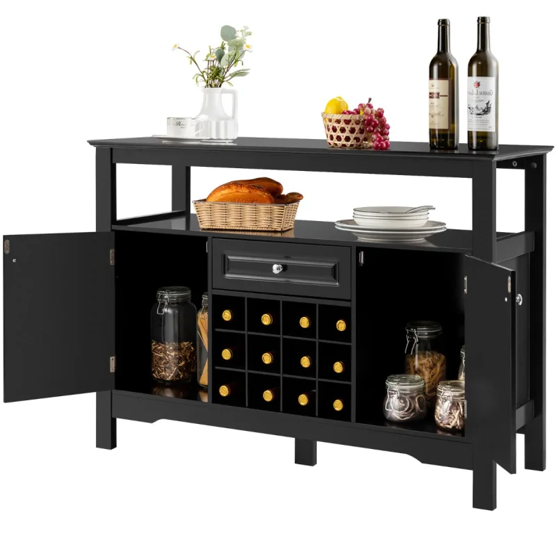 Costway Mueble para Cocina Despensa con Porta Botellas de Vino con 2 Armarios para Comedor 117 x 40,5 x 82,5 cm Negro