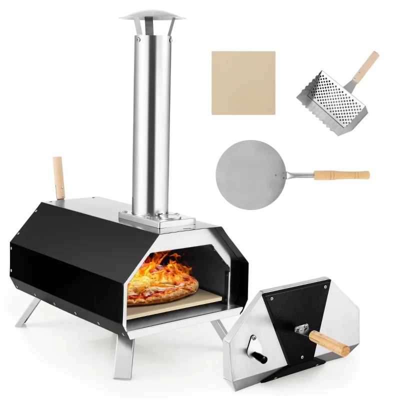 Costway Horno de Pizza Portátil para Uso en Exteriores con Piedra para Pizza Patas Plegables Termómetro 51 x 38,5 x 83 cm