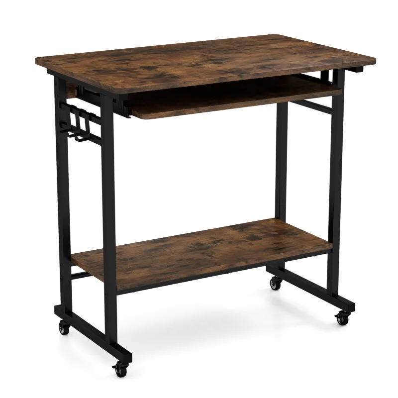 Costway Mesa Escritorio con Ruedas con Bandeja para Teclado Extraíble Mesa de Ordenador con 3 Ganchos y Estante Inferior 80 x 50 x 78 cm Marrón