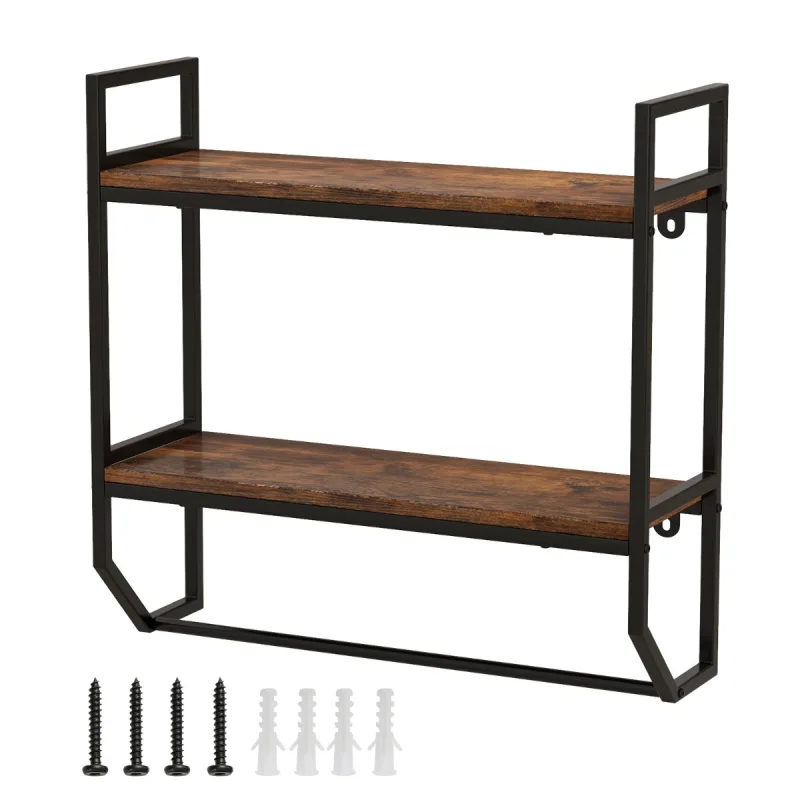 Costway Estantería Flotante de 2 Niveles con Toallero con Estructura de Metal para Pared Sala de Estar Cocina y Baño 59 x 20 x 58 cm Marrón