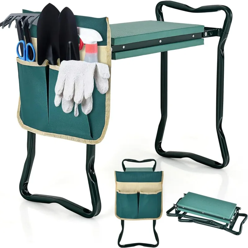 Costway 2 en 1 Asiento Plegable para Jardín con Bolsa Lateral y Cojín Taburete para Arrodillarse y Sentarse Carga 150 kg 58 x 27,5 x 50 cm Verde