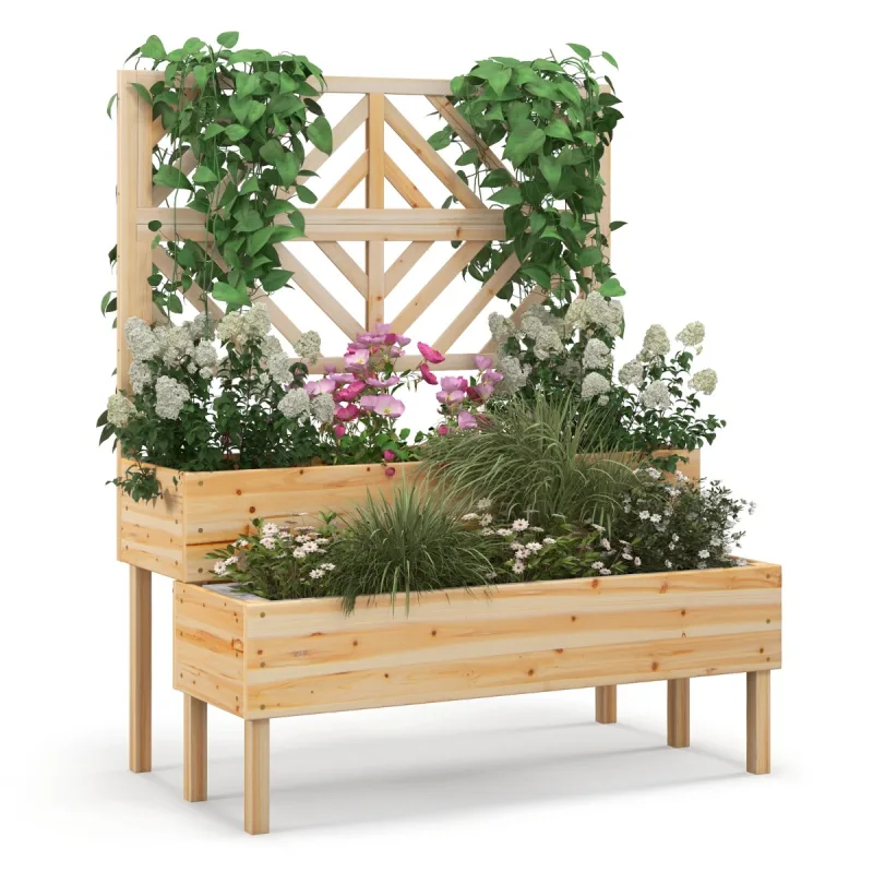 Costway Macetero Elevado con Enrejado de 2 Niveles Caja de Cultivo con Patas para Jardín 109 x 62 x 135 cm Natural