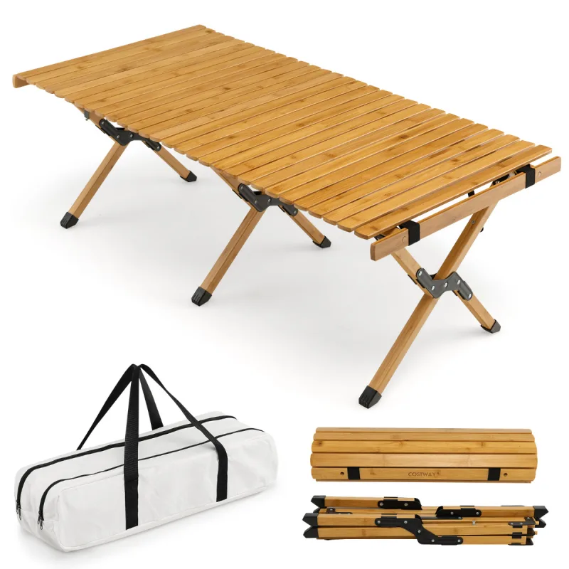 Costway Mesa de Camping Plegable de Bambú Mesa de Picnic Portátil con Bolsa Transporte para Barbacoa Patio Jardín Playa 122 x 60 x 43,5 cm