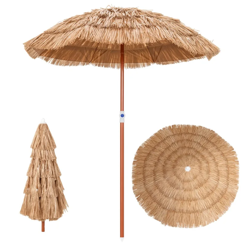 Costway Sombrilla de Paja PP Ø175cm Sombrilla Playa Hawaiana con 8 Costillas Parasol Inclinable 45° Alrura Ajustable Exterior Patio Terraza Piscina