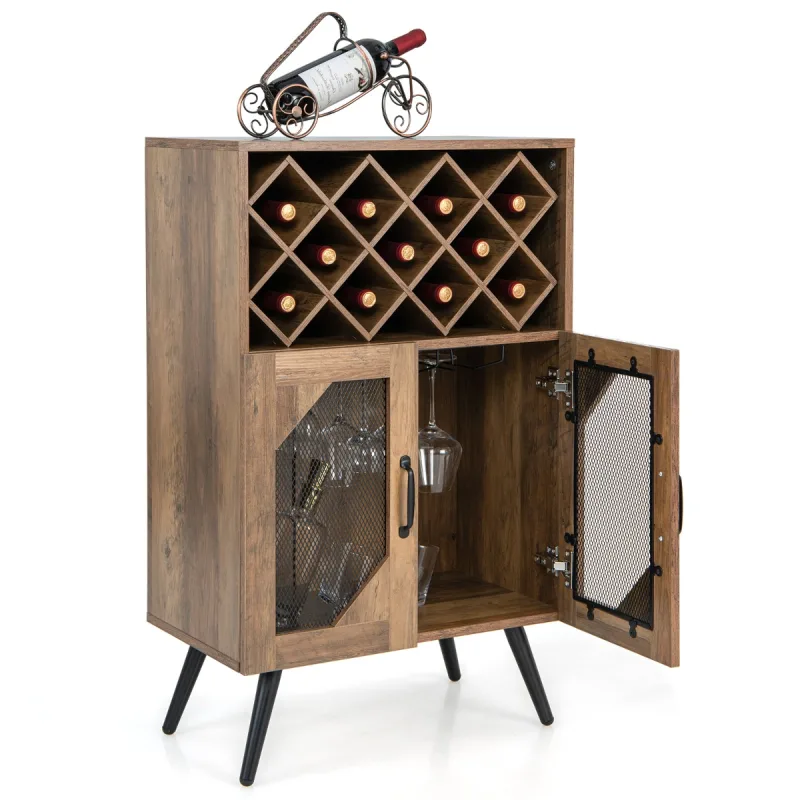 Costway Armario Industrial para Vinos Aparador de Cocina con Soporte para Botellas Extraíble y Portavasos 2 Puertas de Malla para Comedor Salón