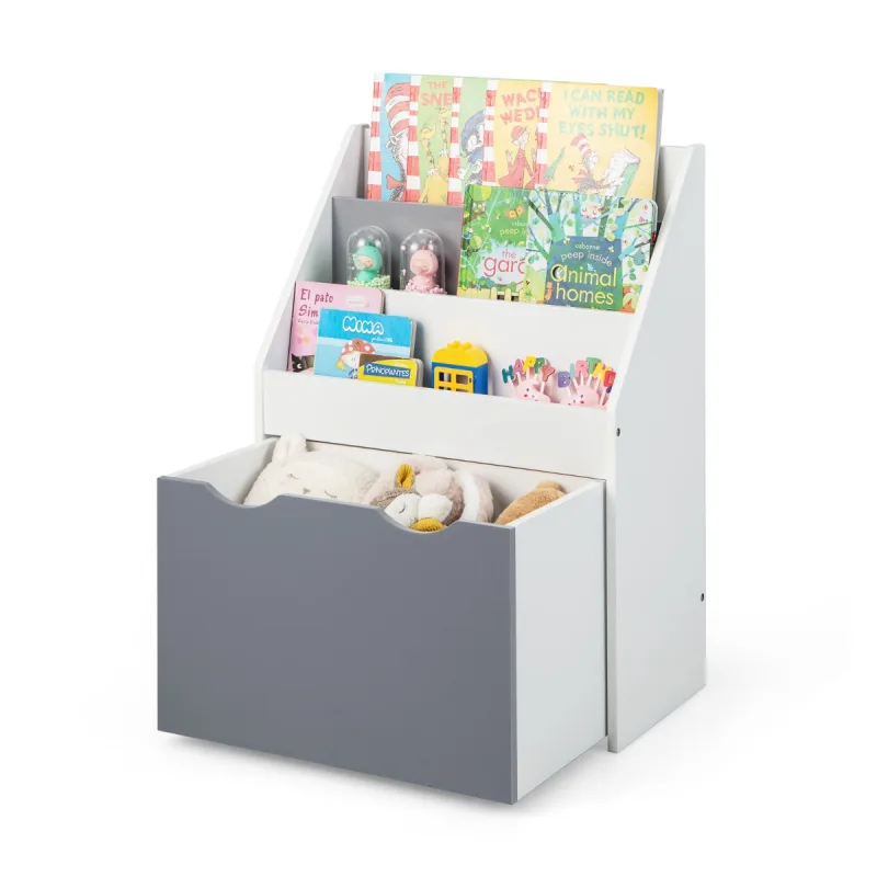 Costway Estantería Infantil con 3 Compartimentos y Cajón Extraíble Organizador de Juguetes con 4 Ruedas para Niños de 3-6 Año 50 x 28 x 70 cm Gris