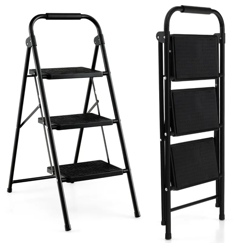 Costway Escalera Plegable de 3 Peldaños Taburete con Pedal Manija Acolchada Escalones Antideslizantes Portátil para Cocina Hogar Carga 150 kg Negro