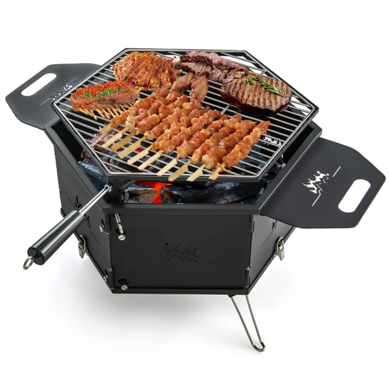 Costway Estufa de Carbón Portátil con Asas Parrilla Giratoria 360° Cuerpo y Patas Plegables Parrilla de Barbaco para Fiestas Camping y Mochileros