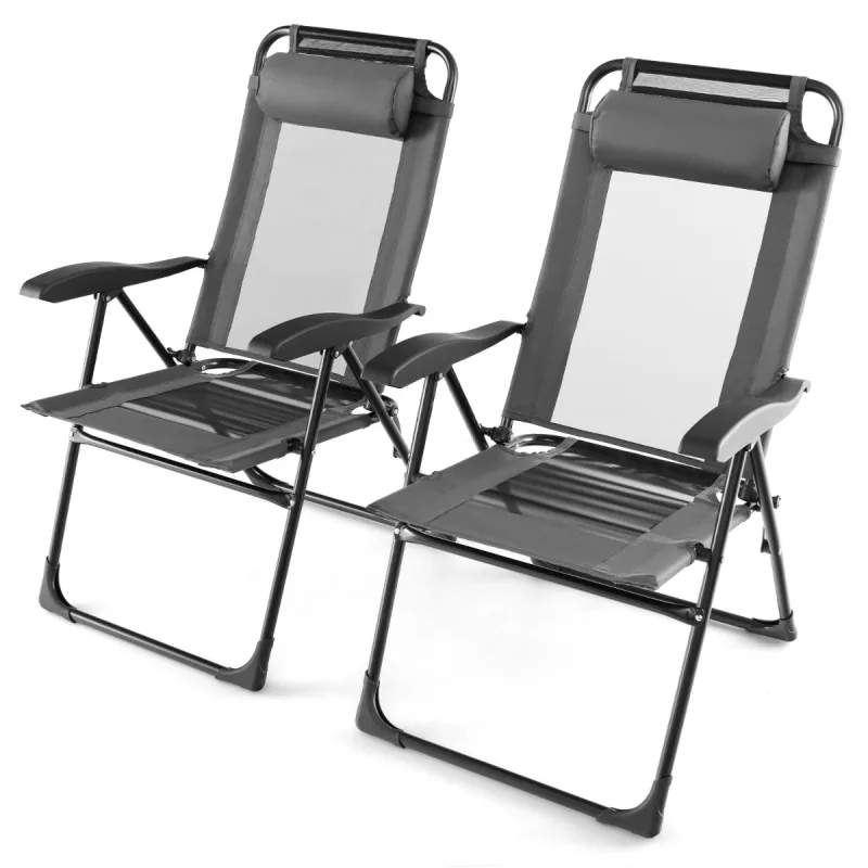 Costway Juego de 2 Sillas Plegables para Patio Jardín con Reposabrazos Anchos Respaldo de 7 Niveles Asiento Transpirable y Marco de Metal Gris