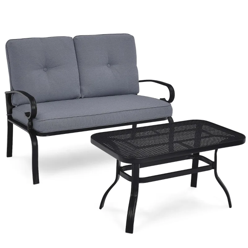 Costway Juego de Sofá de 2 Plazas y Mesa de Café Banco de Exterior con Cojines para Patio Jardín Gris y Negro