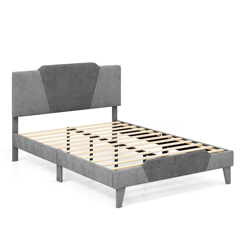 Costway Marco de Cama de Terciopelo con Cabecero Listones de Madera Maciza para Soporte de Colchón Fácil Montaje 208 x 145 x 105 cm Gris