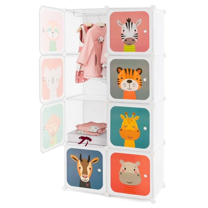 Costway Armario Modular Infantil Portátil de 8 Cubos con Dibujos Animados Organizador de Almacenamiento para Juguetes 75 x 35 x 145 cm Blanco